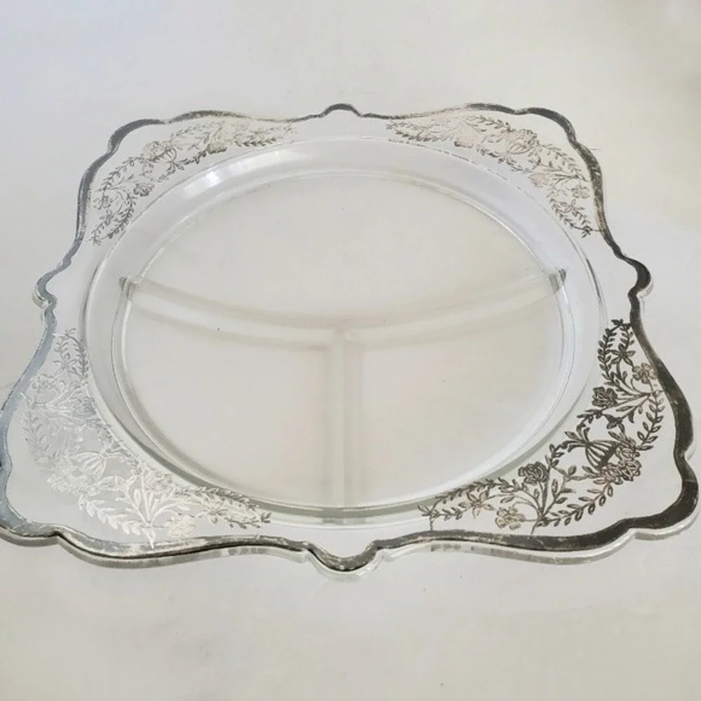 Vintage Imperial Glass Art Deco Silver Overlay Divided Grill Plate 10